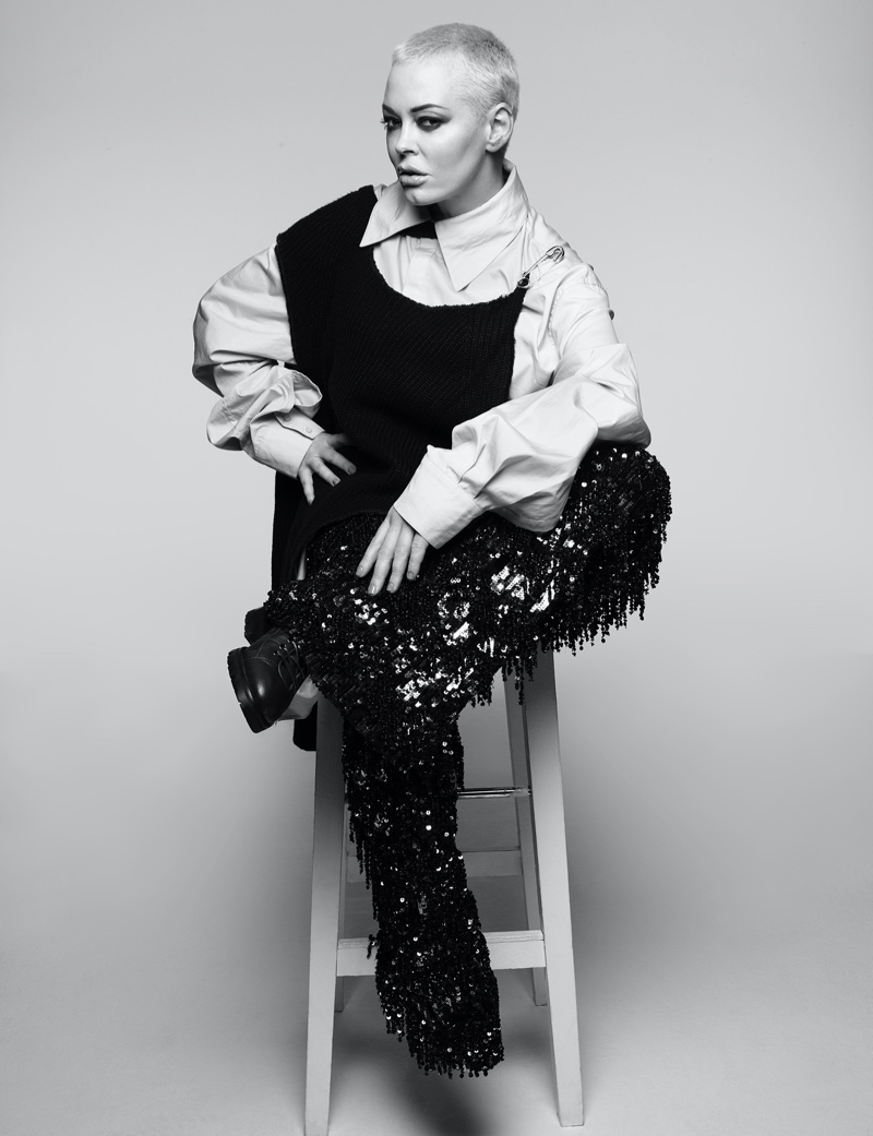 Dazzling in sequins, Rose McGowan poses in black and white image. Photo: Rankin