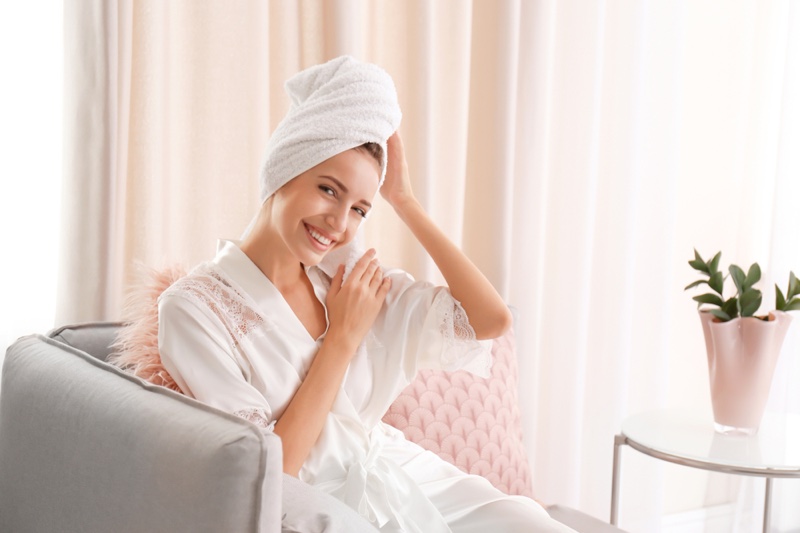 Smiling Woman Silk Robe Towel Hair