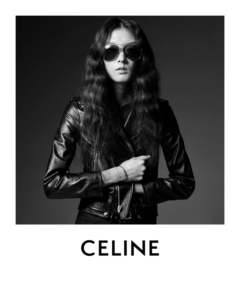 Model So Young Kang poses in leather jacket from Celine
