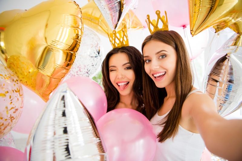 Two Attractive Women Smiling Party Balloons Selfie