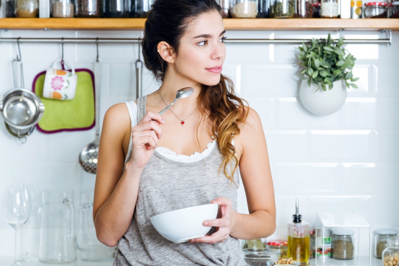 Woman Eating Bowl Day Grey Tank Top