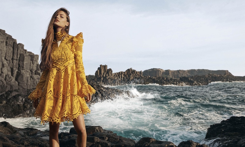 Faretta models Brightside Palm mini dress in Zimmermann spring 2020 campaign