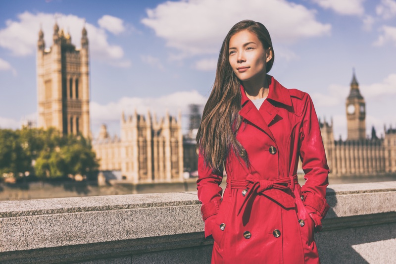 Asian Model Red Trench Coat English Background