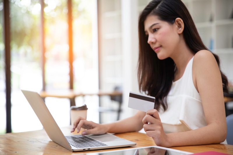 Asian Woman Credit Card Laptop