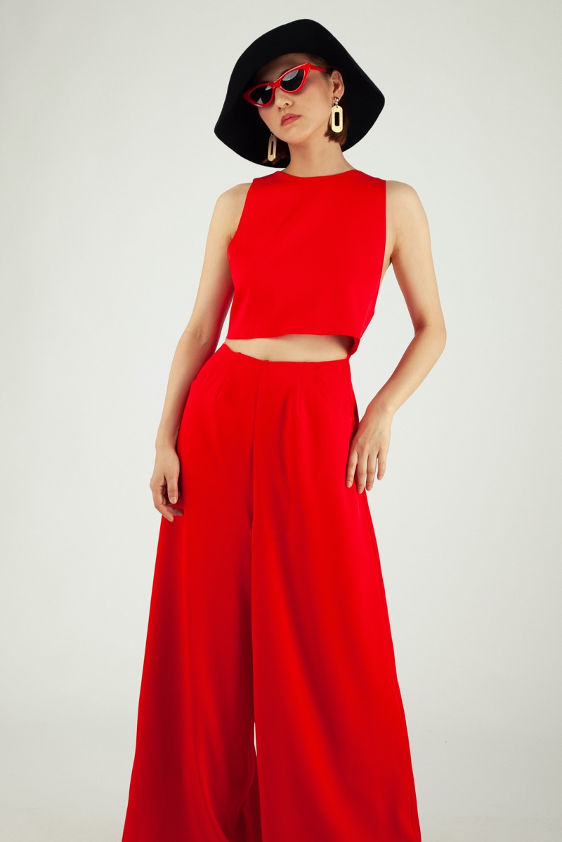 Asian Woman Red Two Piece Outfit Crop Top Trousers Sunglasses Hat