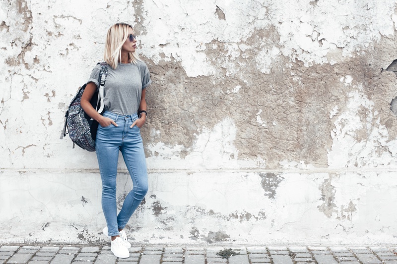 Blonde Model Grey T-Shirt Jeans Backpack