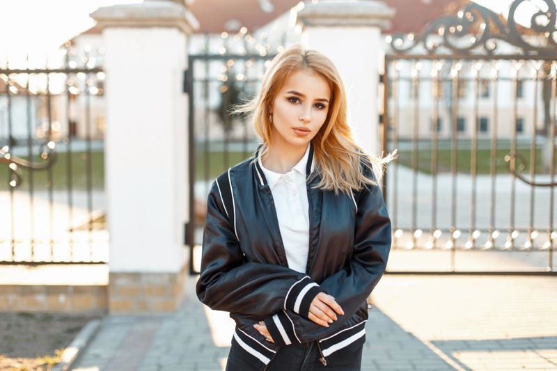 Blonde Woman Bomber Jacket Collared Shirt