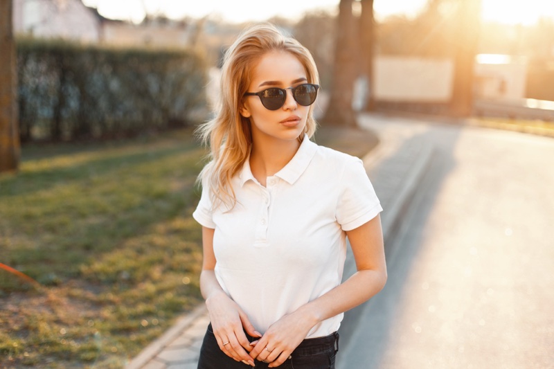 Blonde Woman Polo Shirt Sunglasses