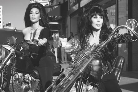 Cher! Naomi! Kim K! CR Fashion Book Unveils Spring Cover Stars Kim Kardashian and Cher pose on motorcycles