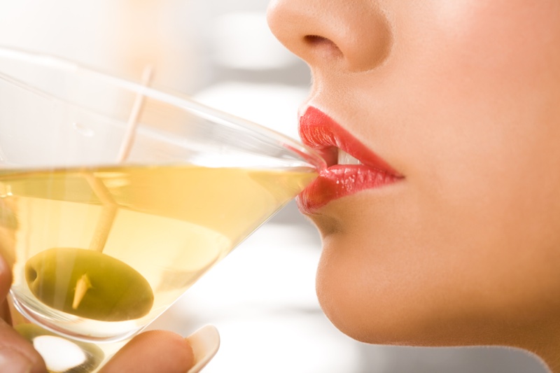 Closeup Woman Drinking Martini Lips Olives