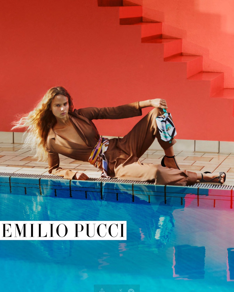 Posing by a pool, Olivia Vinten fronts Emilio Pucci spring-summer 2020 campaign