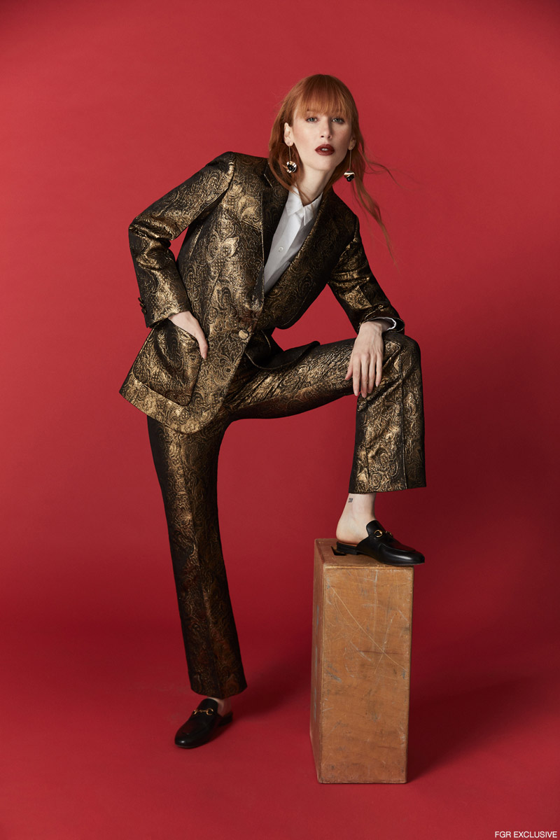 Sandro Pant Suit, Gucci Shoes and Carolina Herrera Blouse. Photo: Bret Lemke