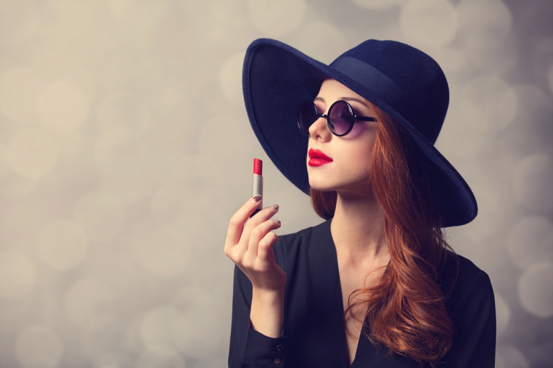 Glamorous Woman Red Hair Red Lipstick Hat Sunglasses