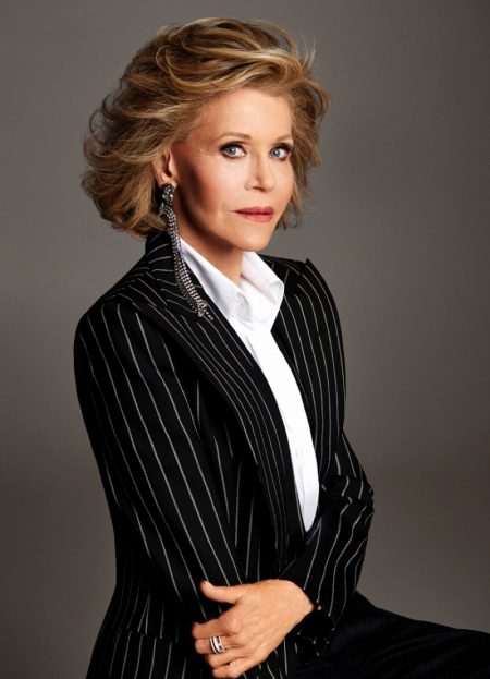 Jane Fonda Wears Polished Looks for ELLE Canada Actress Jane Fonda wears Alexandre Vauthier Haute Couture blazer, Chanel shirt and Gucci earrings