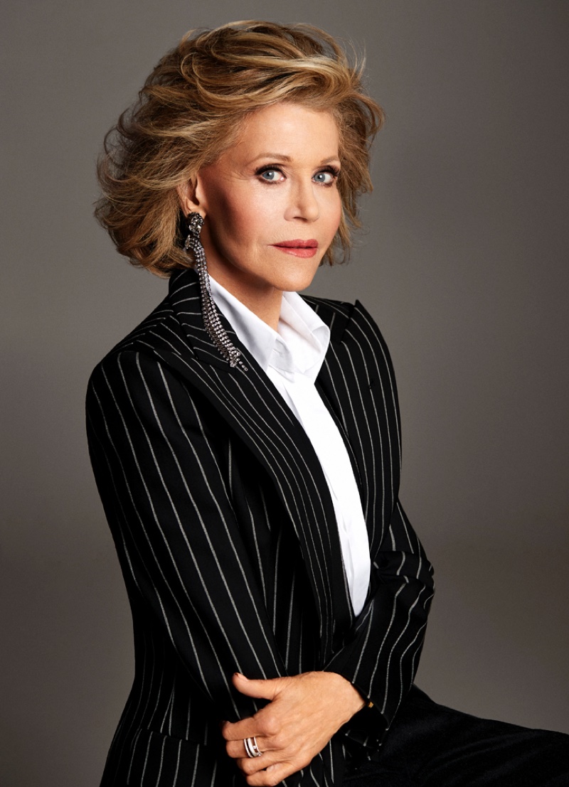 Actress Jane Fonda wears Alexandre Vauthier Haute Couture blazer, Chanel shirt and Gucci earrings