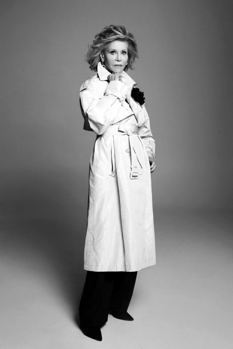 Jane Fonda poses in Alexandre Vauthier Haute Couture trench coat and brooch