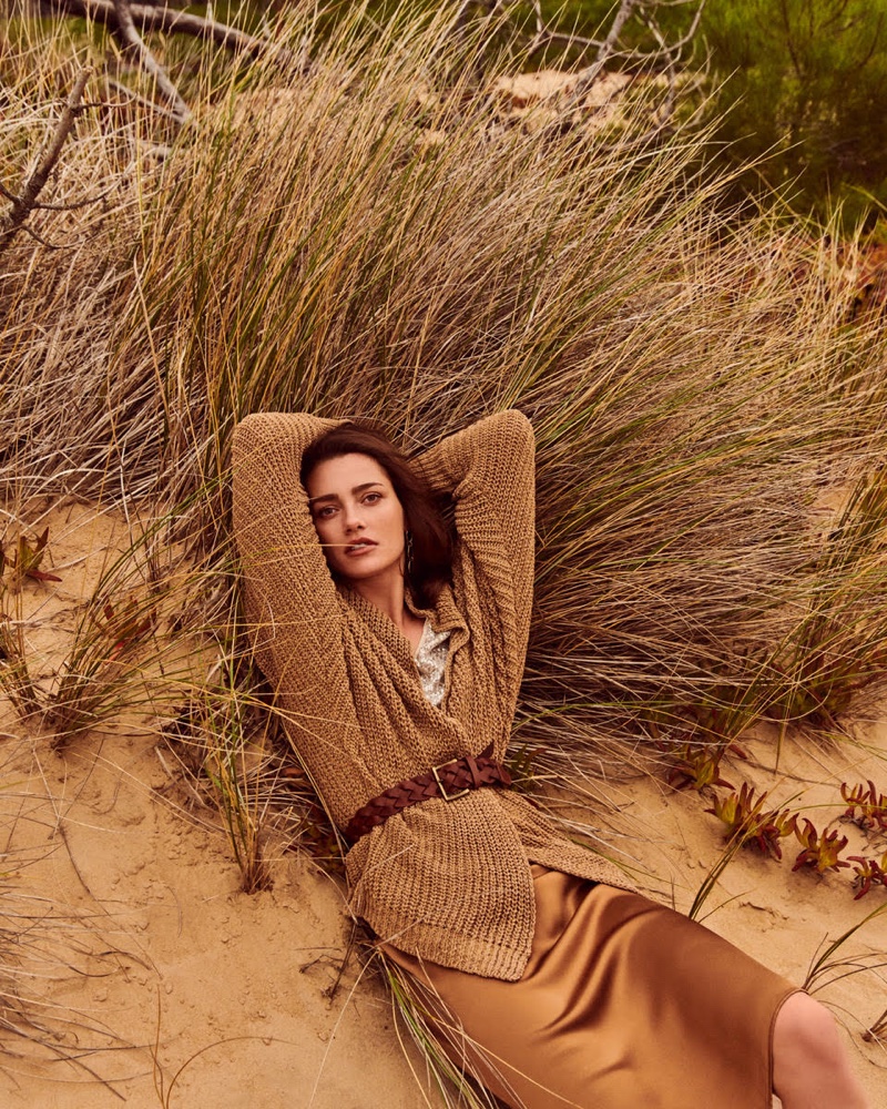 Karmen Pedaru poses in cashmere for Oui spring-summer 2020 campaign