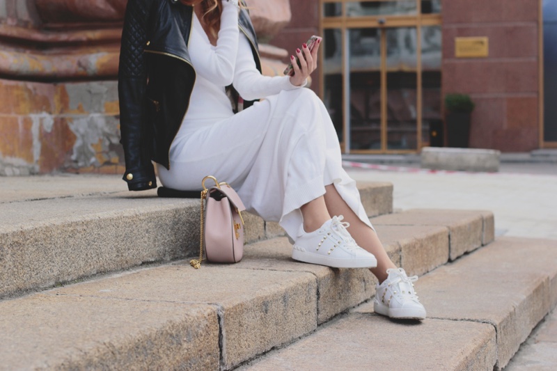 Leather Jacket White Dress Sneakers Pink Bag