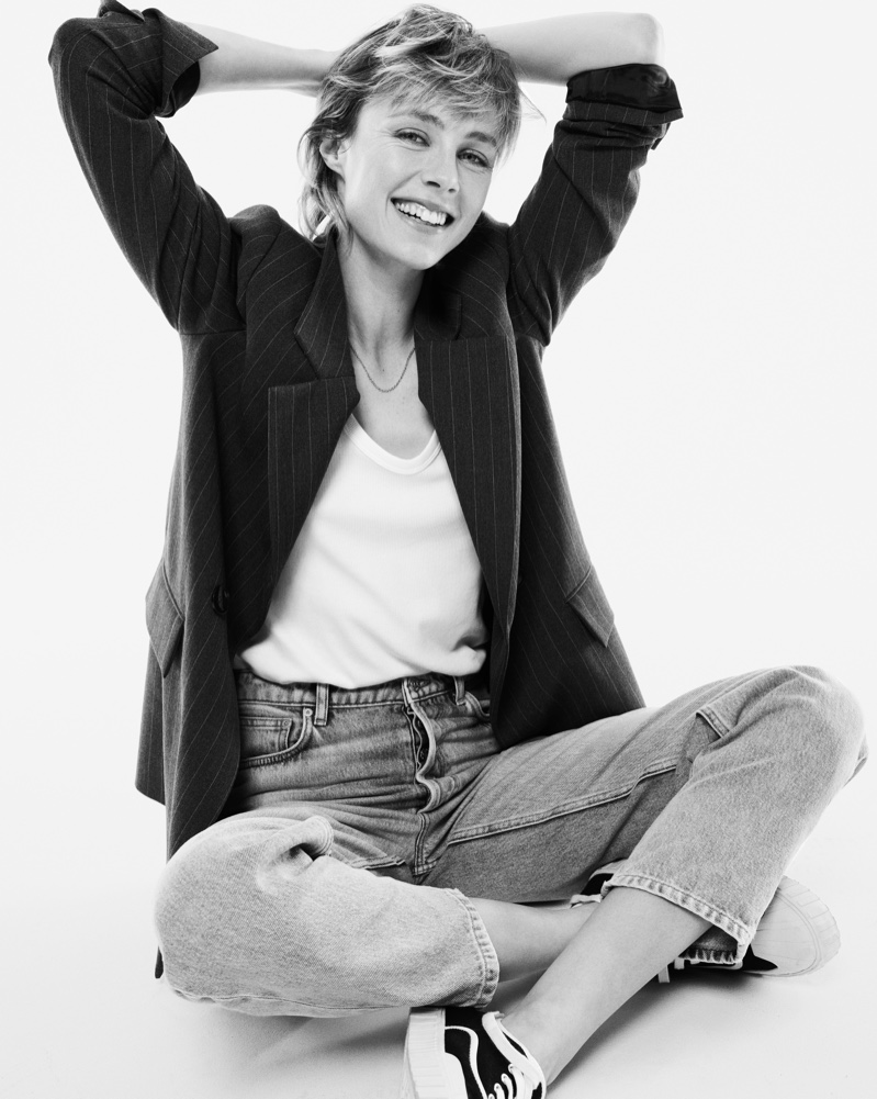 All smiles, Edie Campbell poses in Mango's sustainable denim line