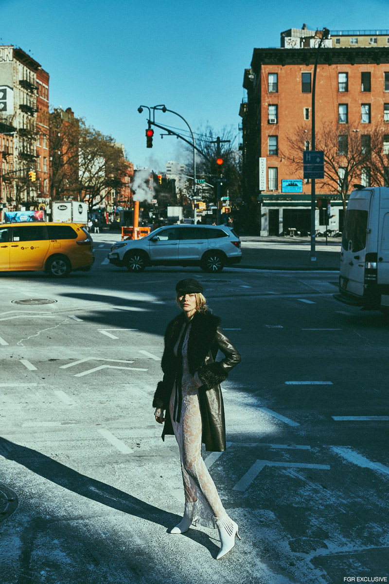 Jacket Am Gia, Hat Free People, Dress Dolce & Gabbana and Shoes DVF. Photo: Thomas Wolfe Northcut