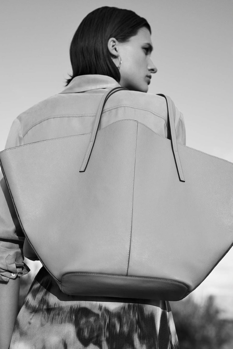 Massimo Dutti Plain Cupro Shirt, Cloud Print Skirt and Leather Tote Bag