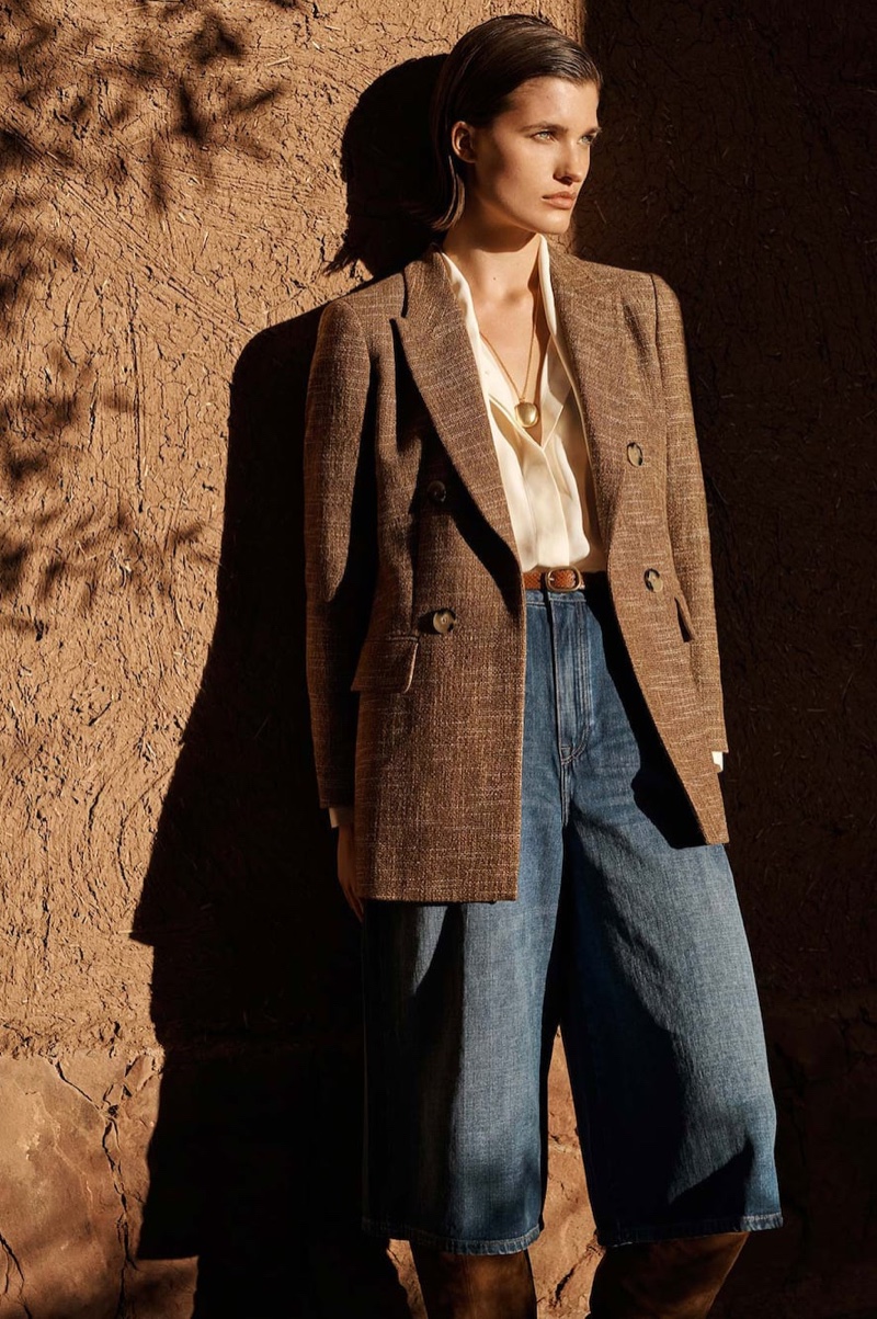 Julia Van Os poses in 1970’s inspired fashions from Massimo Dutti