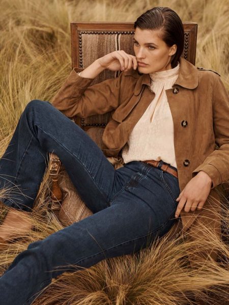 Julia Van Os Embraces Massimo Dutti's 1970's Inspired Styles Massimo Dutti Suede Trench-Style Jacket, High Neck Jacquard Shirt and Lyocell Trousers