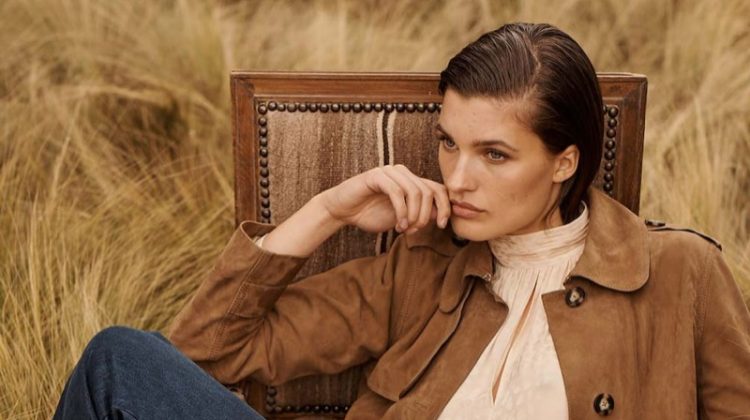 Massimo Dutti Suede Trench-Style Jacket, High Neck Jacquard Shirt and Lyocell Trousers