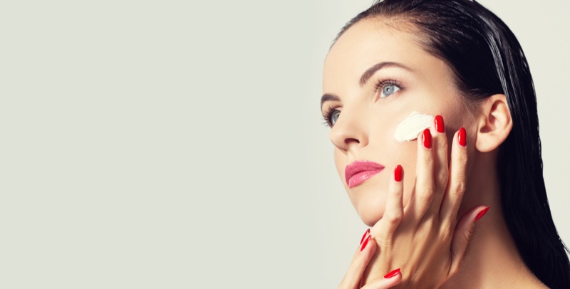 Model Face Cream Red Nails Pink Lipstick
