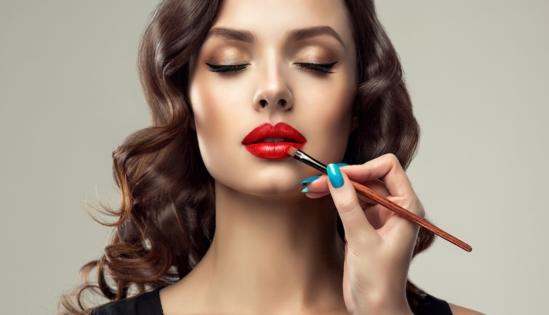 Model Getting Makeup Done Red Lipstick Beauty Blue Nails