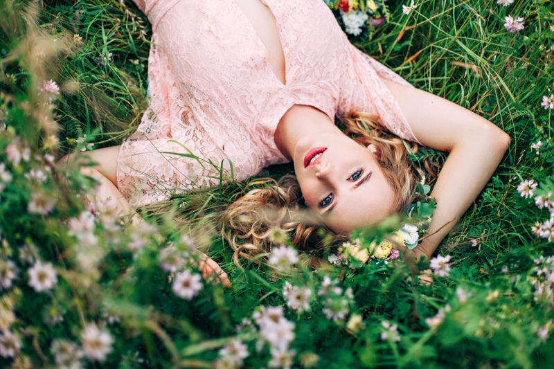 Model Green Grass Flowers Pink Dress