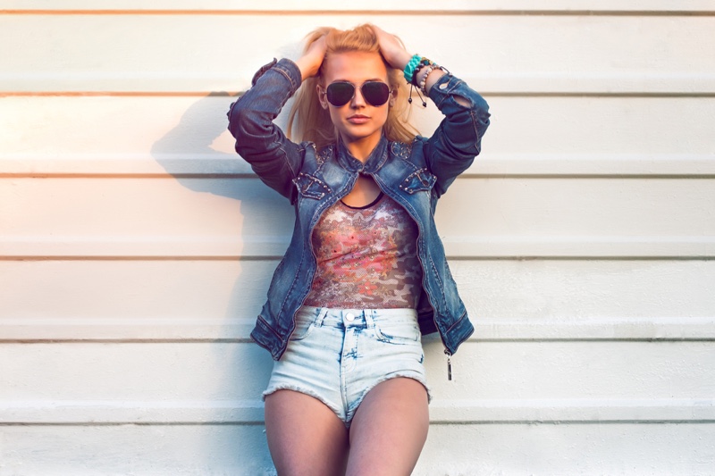 Model Jean Jacket Top Denim Shorts Aviator Sunglasses