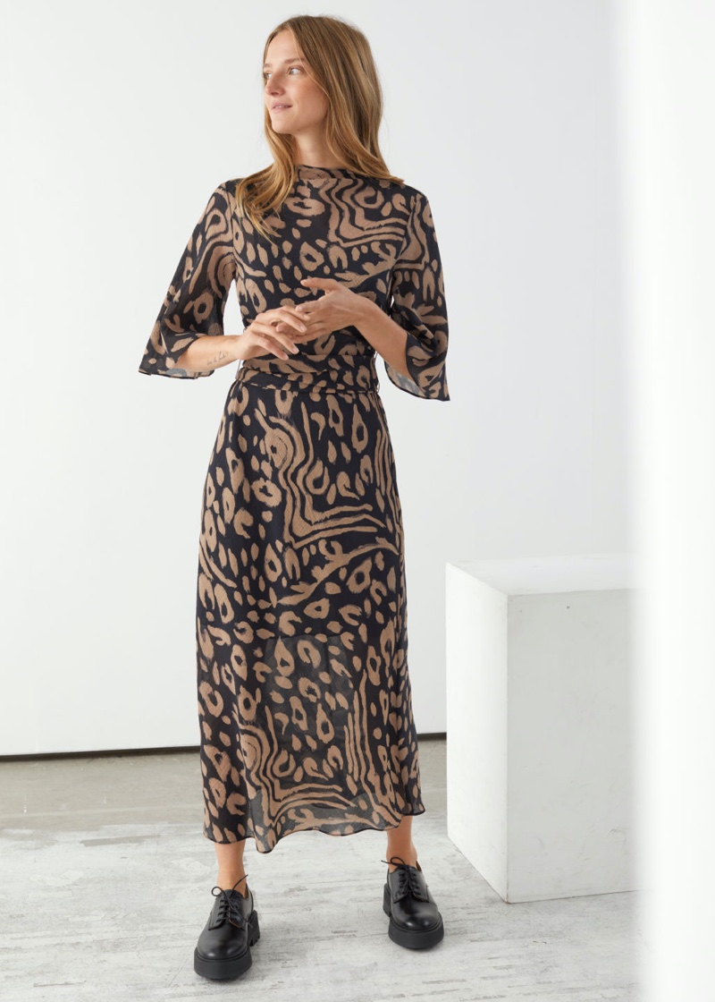 & Other Stories Belted Midi Print Dress in Black Print $129