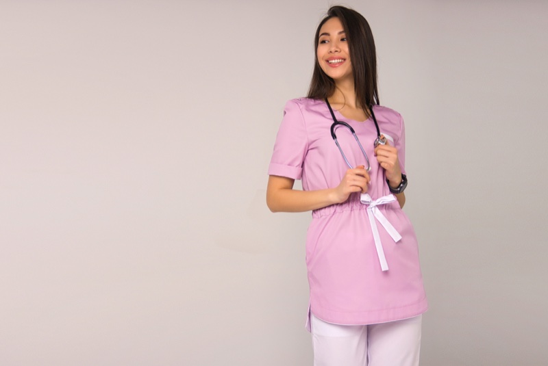 Pink Nurse Scrubs Bow Stethoscope Asian Model