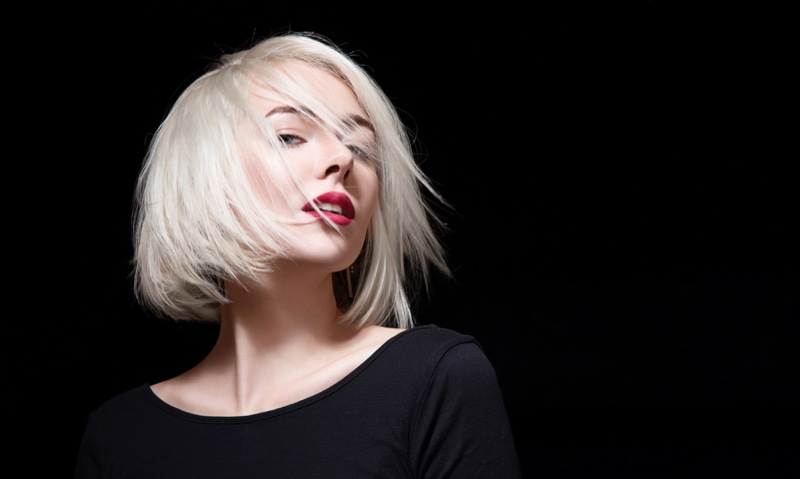 Platinum Bob Haircut Model Red Lipstick