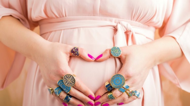 Pregnant Woman Pink Dress Belly Turquoise Rings