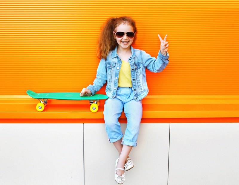 Red Head Kid Denim Outfit Skateboard Peace Sign