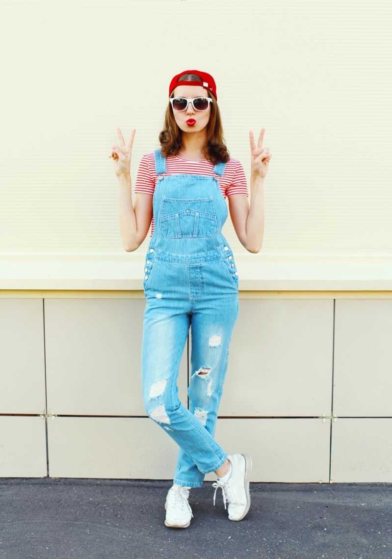 Redhead Woman Distressed Overalls Striped T-Shirt