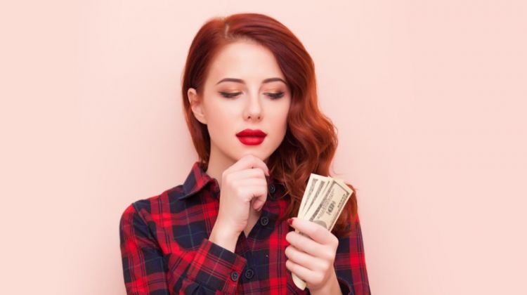 Redhead Woman Plaid Shirt Cash Hand