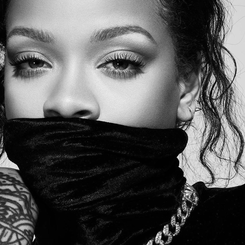 Wearing a turtleneck, Rihanna fronts Fenty Beauty Full Frontal Mascara campaign