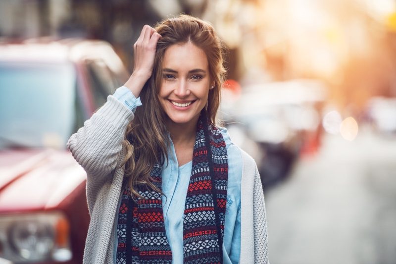 Smiling 30 Something Woman Scarf Sweater