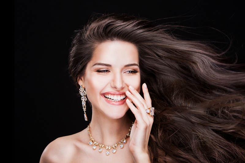 Smiling Model Beauty Diamond Necklace Earrings Rings