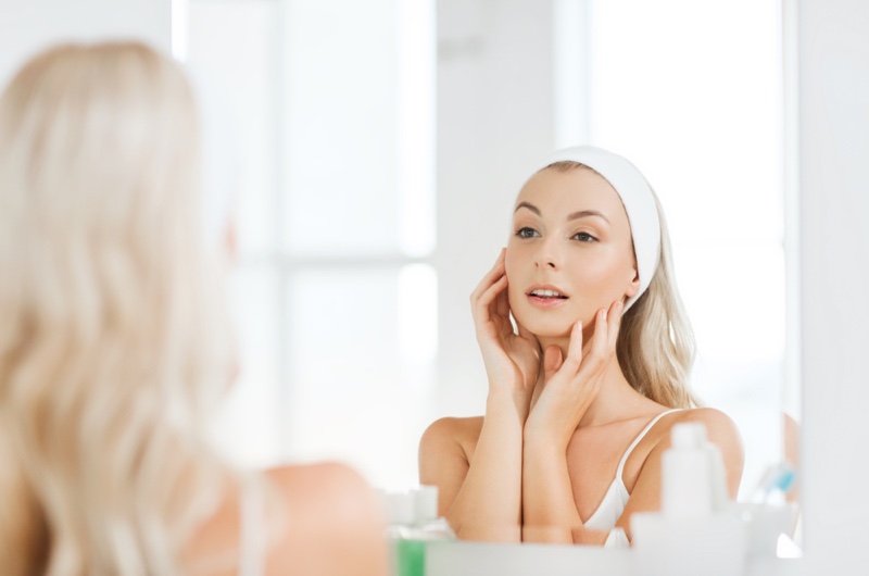 Woman Morning Routine Mirror Face Beauty