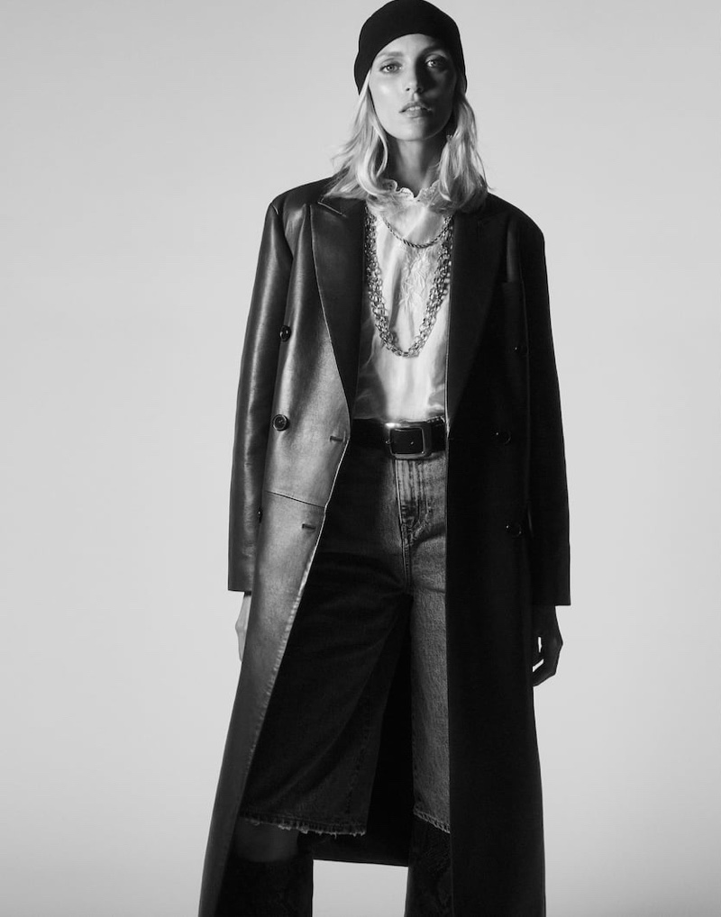 Zara Leather Coat, Embroidered Blouse, ZW Premium ‘70s Revival Bootcut Jeans and Chain Necklace