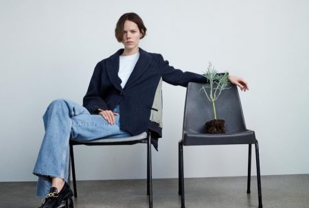 Freja Beha Erichsen Models Zara Join Life Spring '20 Collection Zara Contrast Bomber Jacket, Washed Effect T-Shirt, ZW Premium ‘90s Wide Leg Jeans and Leather Loafers
