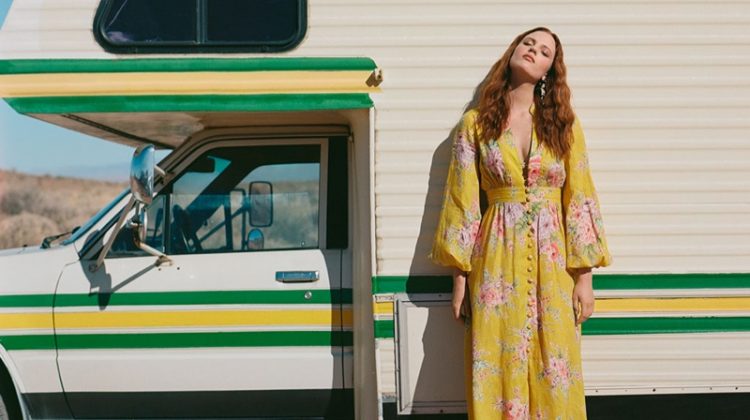 Zimmermann Zinnia Button Front Long Dress $695, Island Drop Statement Earrings $110 and Braided Sandals $375