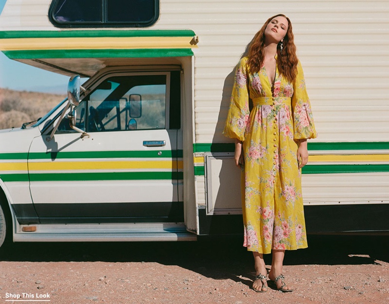 Zimmermann Zinnia Button Front Long Dress $695, Island Drop Statement Earrings $110 and Braided Sandals $375