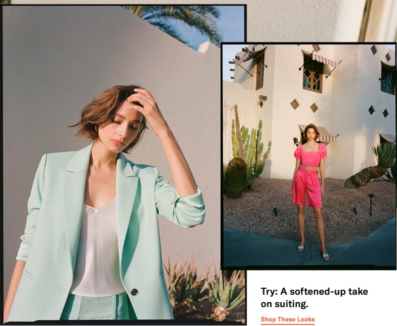 (Left) alice + olivia Denny Notch Collar Blazer $440 and Nili Lotan Isabella Cami Top $295 (Right) alice + olivia Joslyn Puff Sleeve Cropped Top $295 and Simon Miller Solo Heel Slides $390