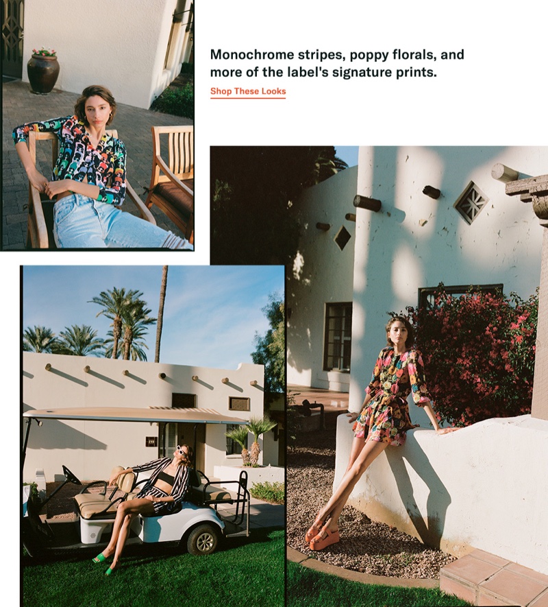 (Top Left) alice + olivia Ruthy Printed Cardigan $295 and Alice + Olivia Jeans Amazing High Rise Boyfriend Jeans $265 (Left) alice + olivia Skye Strong Shoulder Boxy Boyfriend Blazer $485 & Conry Pleated Cuff Shorts $250, Tory Burch Solid Bandeau Bikini Top $128 and JAGGAR Scallop Croc Heel Slides $130 (Right) alice + olivia Mina Puff Sleeve Godet Dress $440 and Simon Miller Coaster Platform Slides $450