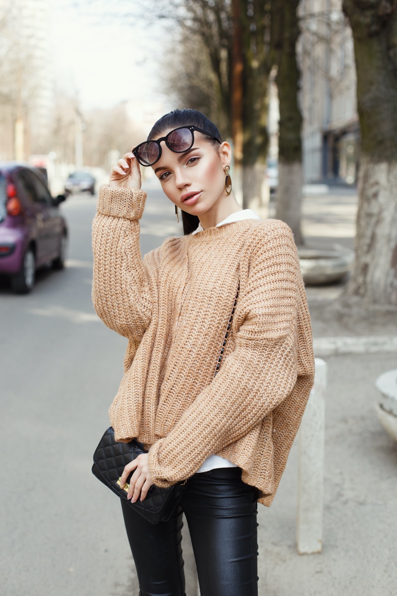Asian Model Oversized Sweater Leather Pants Sunglasses